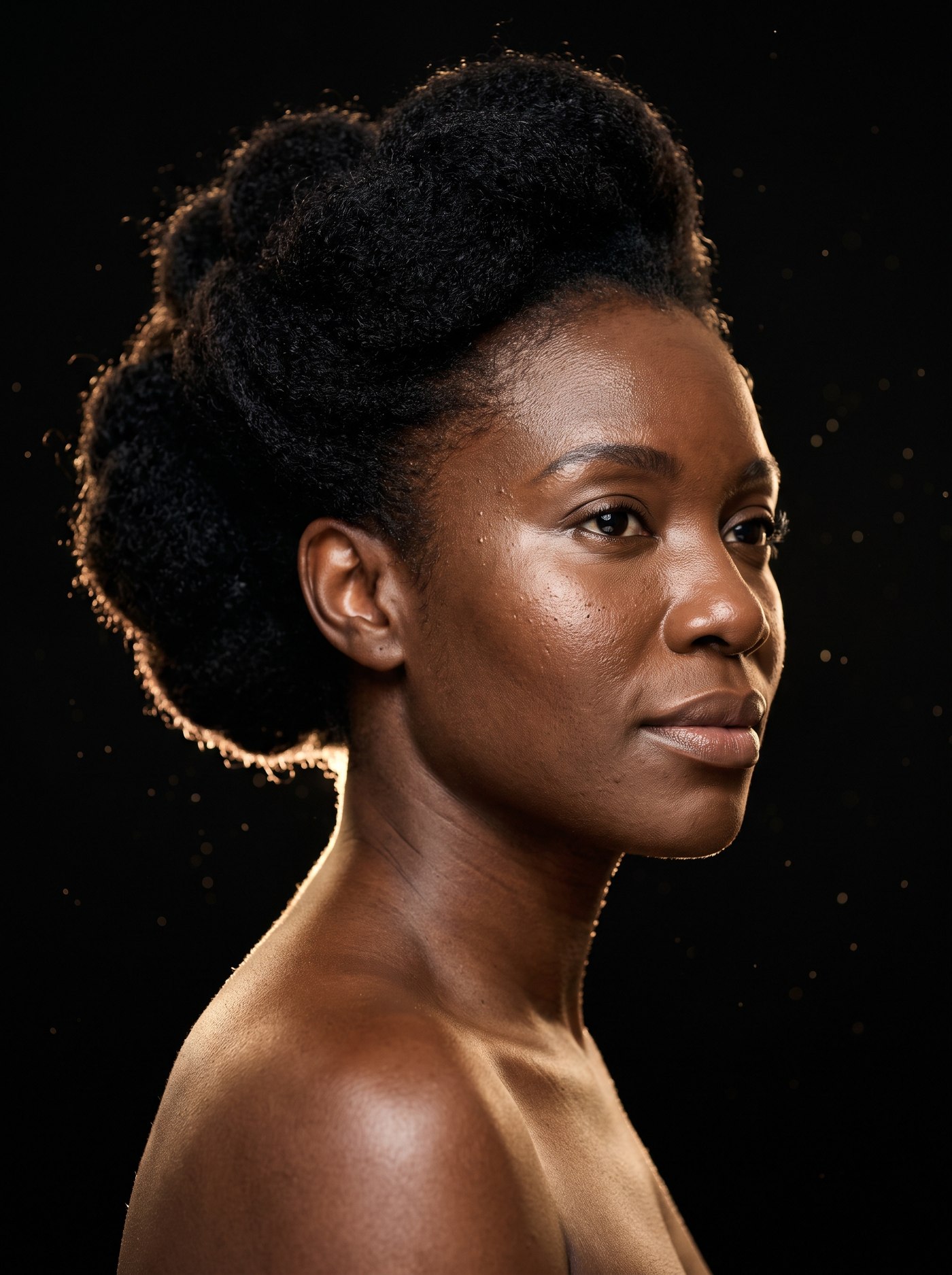 Retrato de mulher negra com luz dourada sobre fundo preto